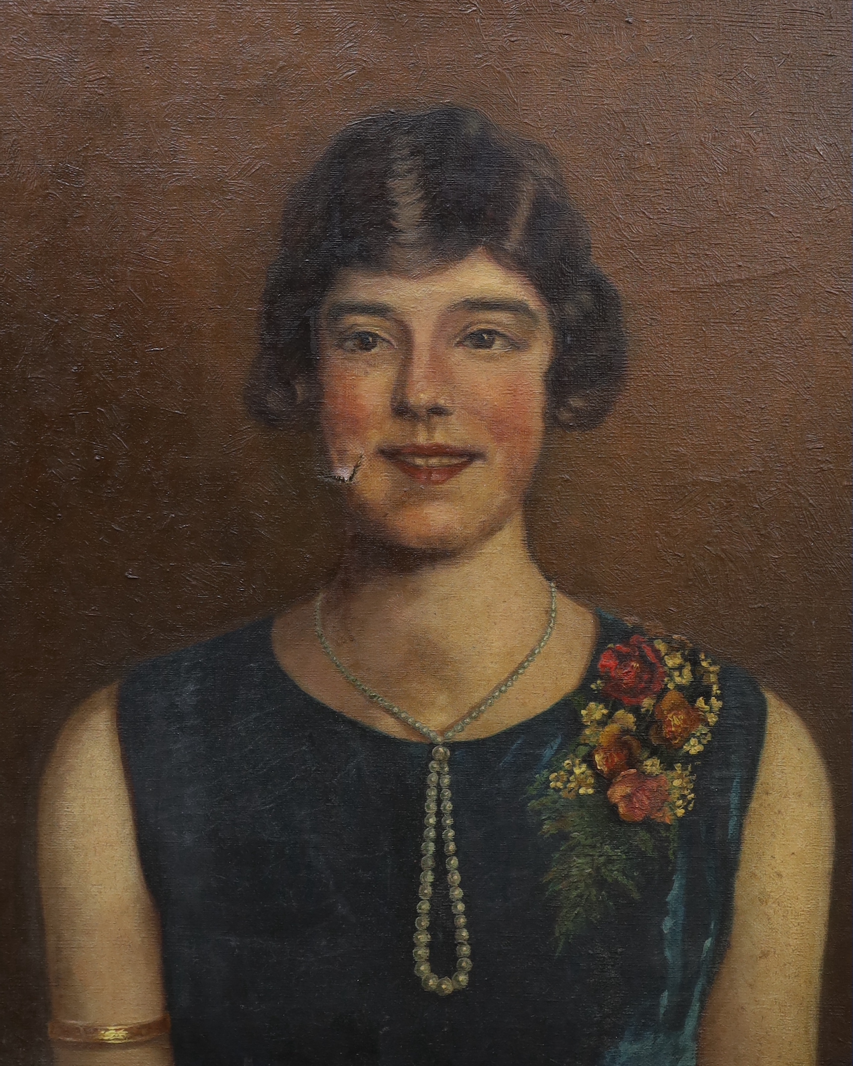 Owen Forrest (20th. C), oil on canvas, Portrait of an Art Deco woman, signed and indistinctly dated, unframed, 61 x 51cm